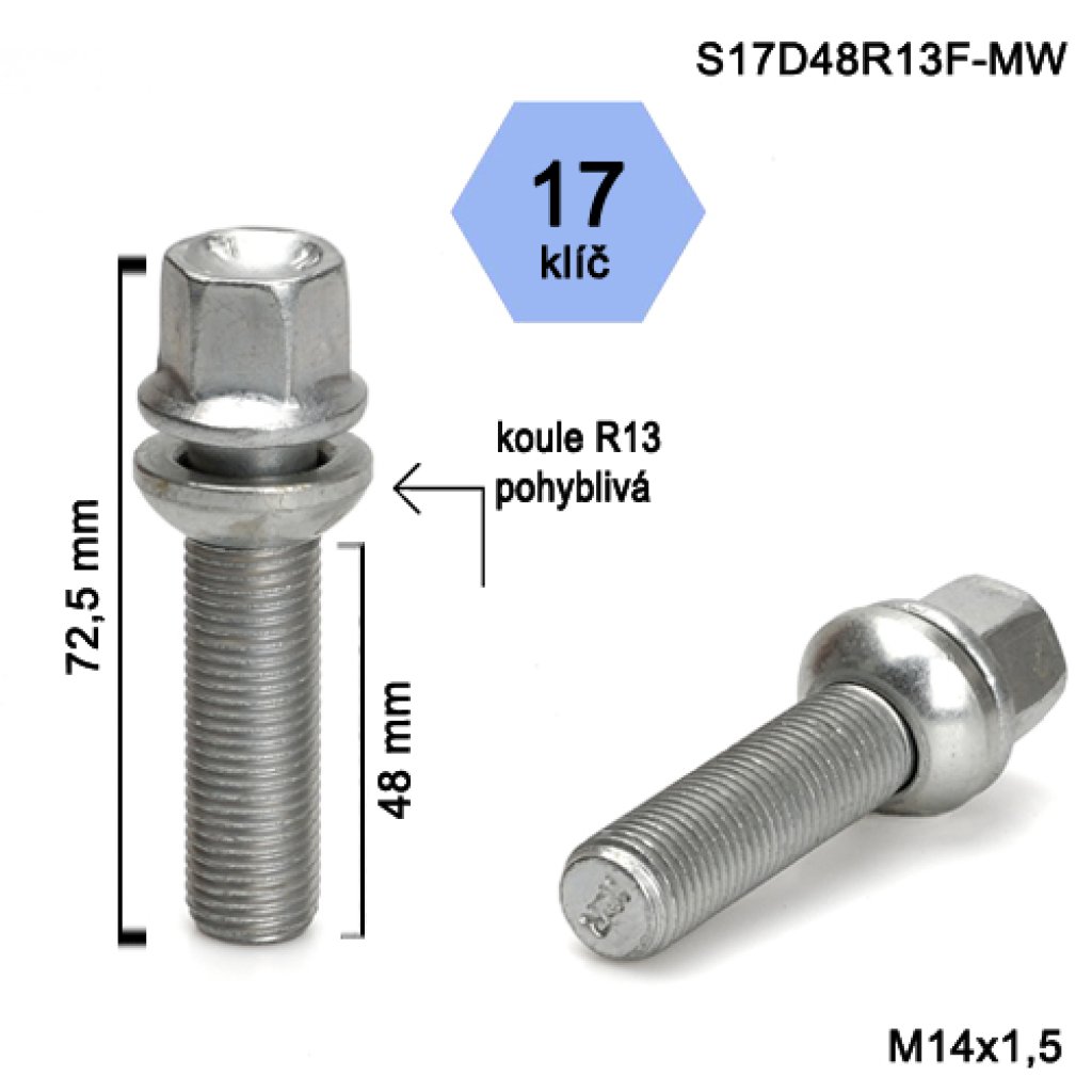 Kolový šroub M14x1,5x48 kulová R13 pohyblivá, klíč 17 (S17D48R13F-MW) výška 72,5mm