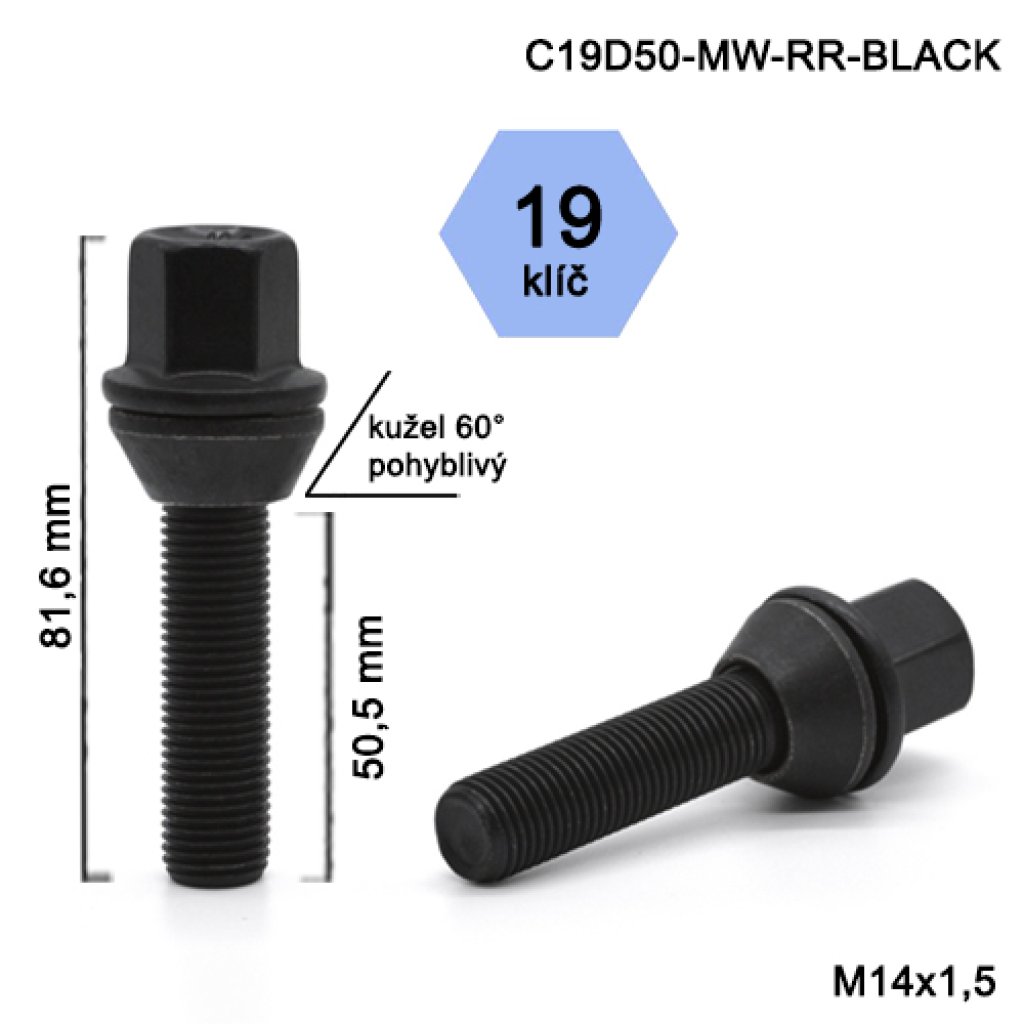 Kolový šroub M14x1,5x50,5 kužel, klíč 19 (C19D50-MW-RR-BLACK)(VV17/S BLK) výška 81,6mm