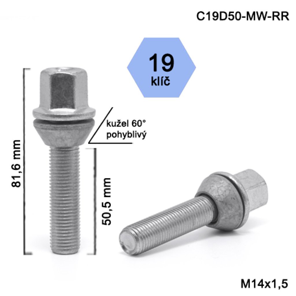 Kolový šroub M14x1,5x50,5 kužel, klíč 19 (C19D50-MW-RR)(VV17/S) výška 81,6mm