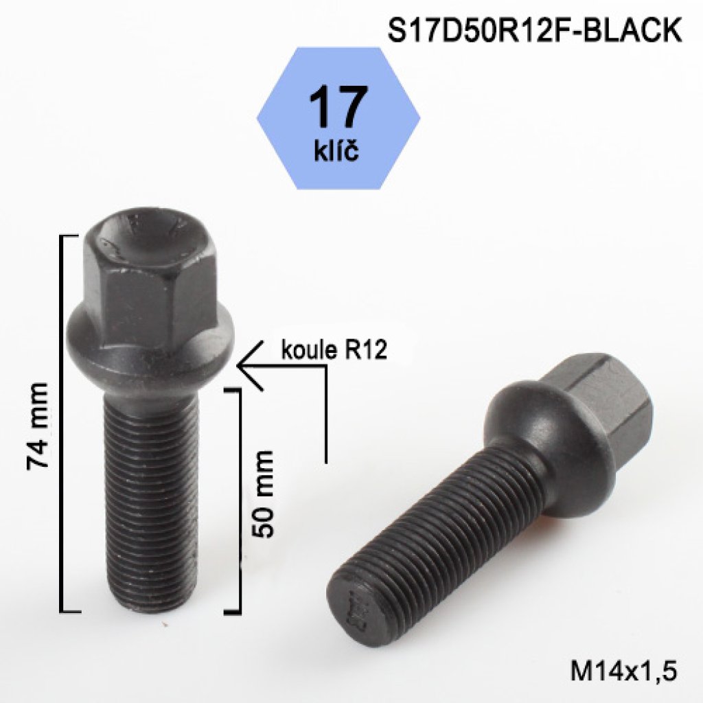 Kolový šroub M14x1,5x50 kulová R12, klíč 17 (S17D50R12F-BLACK) černý, výška 74mm
