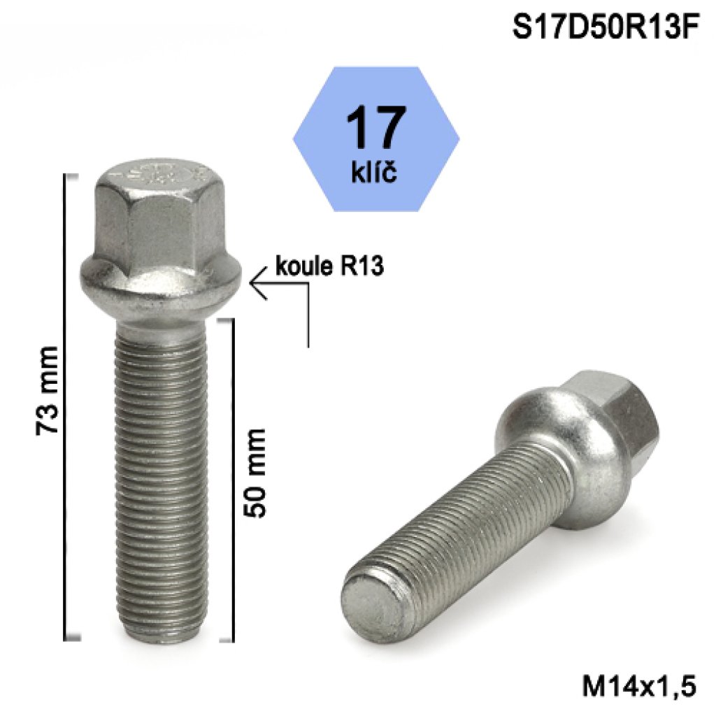 Kolový šroub M14x1,5x50 kulová R13, klíč 17 (S17D50R13F)(B88/S) výška 73mm