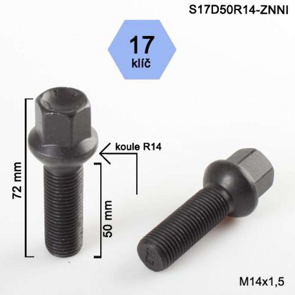 Kolový šroub M14x1,5x50 kulová R14, klíč 17 (S17D50R14F-BLACK)(SZ7M/S BLK) výška 72mm