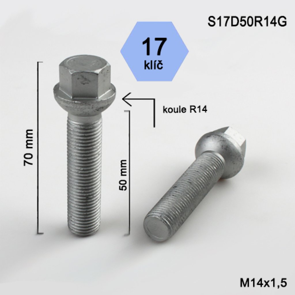 Kolový šroub M14x1,5x50 kulová R14, klíč 17 (S17D50R14G) výška 70mm