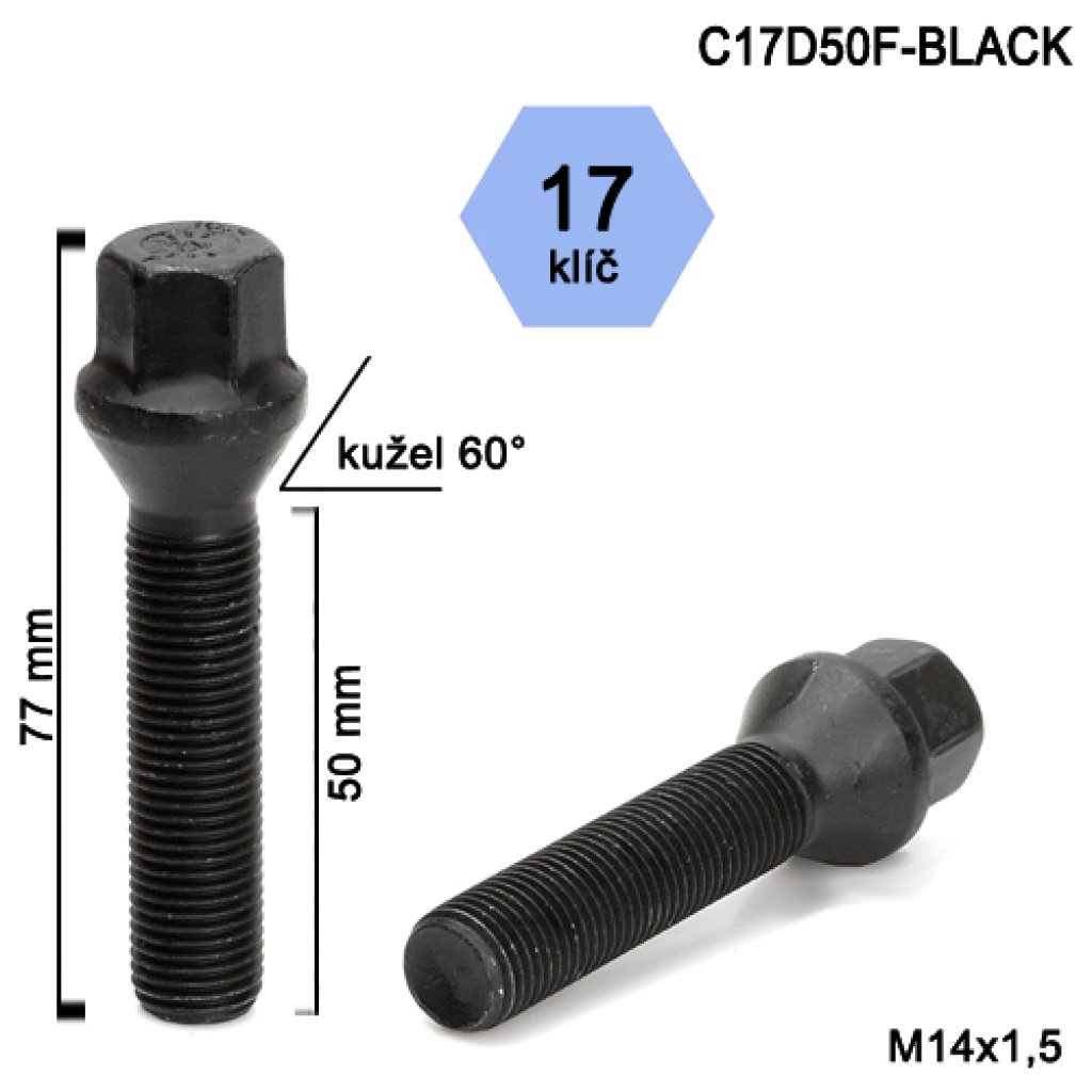Kolový šroub M14x1,5x50 kužel, klíč 17 (C17D50F-BLACK) černý, výška 77mm