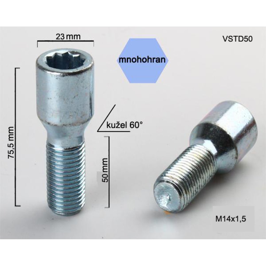 Kolový šroub M14x1,5x50 kužel s vnitřním mnohohranem (VSTD50) průměr 23mm, výška 75,5