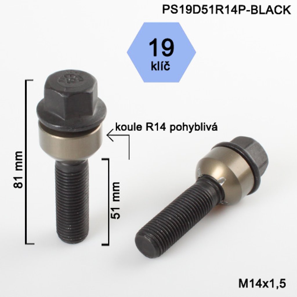 Kolový šroub M14x1,5x51 kulová R14 pohyblivá, černá,klíč 19 (PS19D51R14P-BLACK) výška 81mm