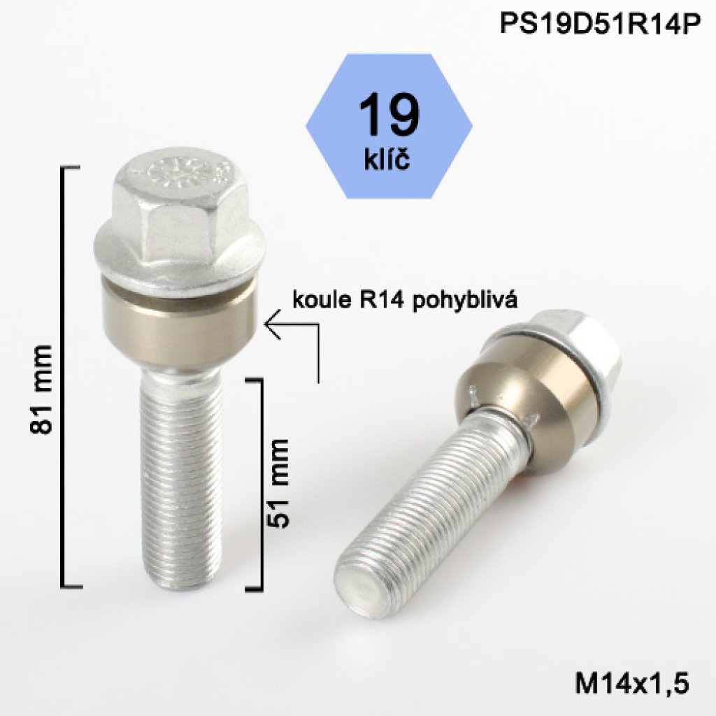 Kolový šroub M14x1,5x51 kulová R14 pohyblivá, klíč 19 (PS19D51R14P) výška 81mm