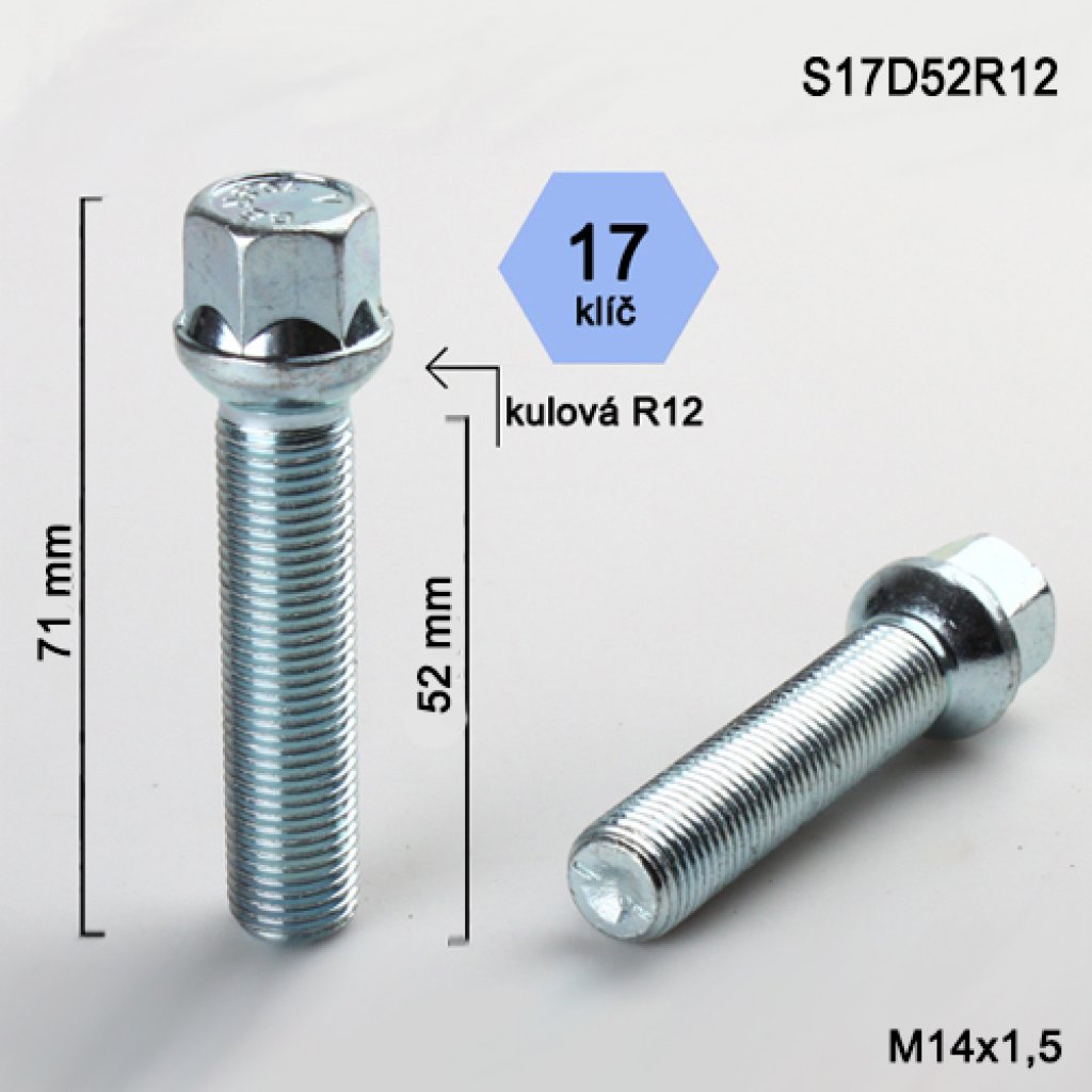 Kolový šroub M14x1,5x52 kulová R12, klíč 17 (S17D52R12) výška 71mm