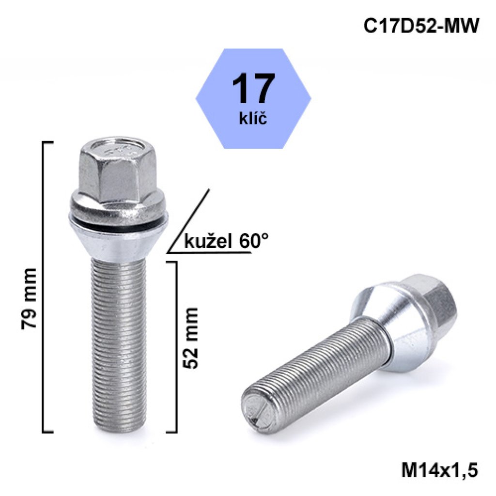 Kolový šroub M14x1,5x52 kužel pohyblivý, klíč 17 (C17D52-MW) výška 79mm