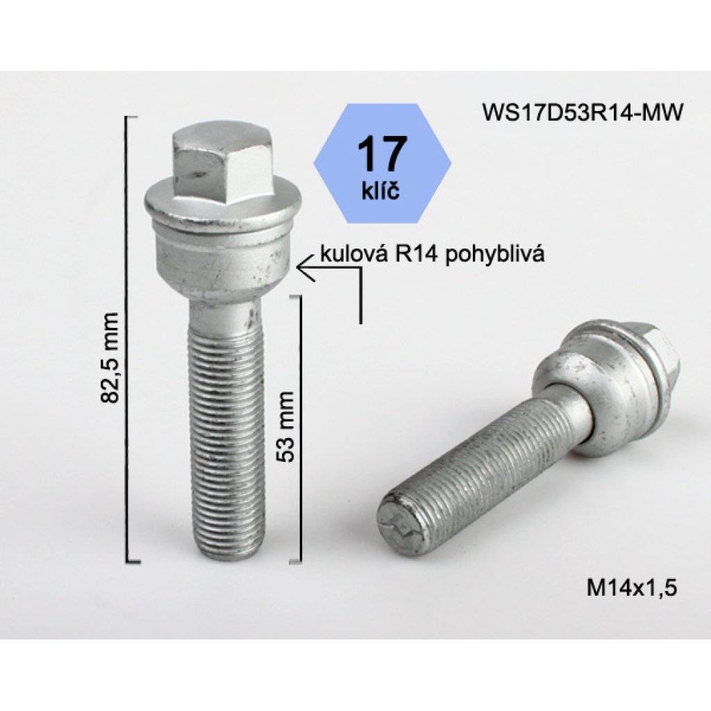 Kolový šroub M14x1,5x53 kulová R14 pohyblivá, klíč 17 (WS17D53R14-MW) výška 82,5mm