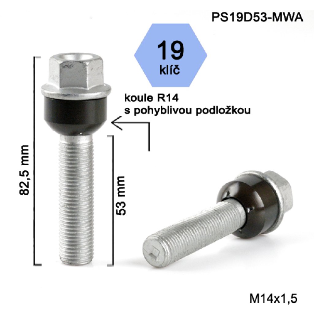 Kolový šroub M14x1,5x53 kulová R14 pohyblivá, klíč 19 (PS19D53-MWA) výška 82,5mm