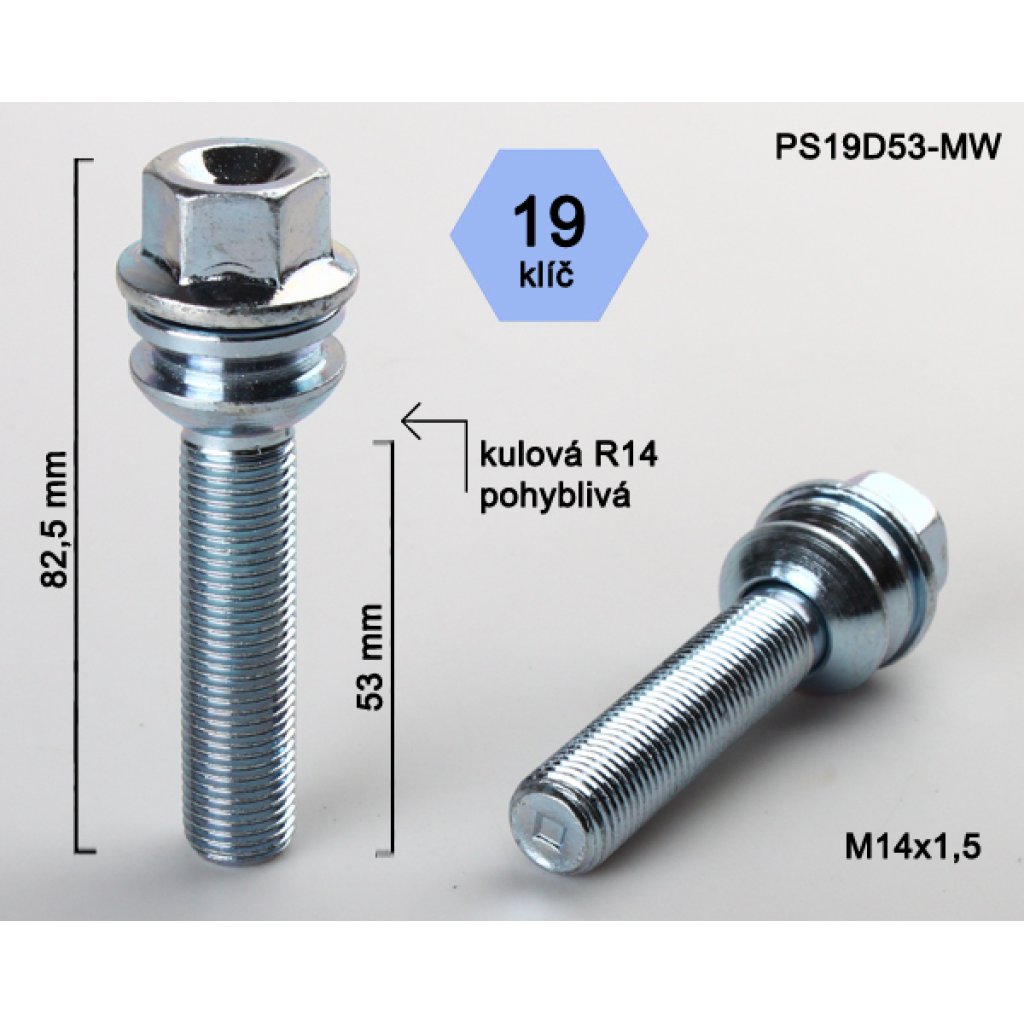 Kolový šroub M14x1,5x53 kulová R14 pohyblivá, klíč 19 (PS19D53R14-MW) výška 82,5mm