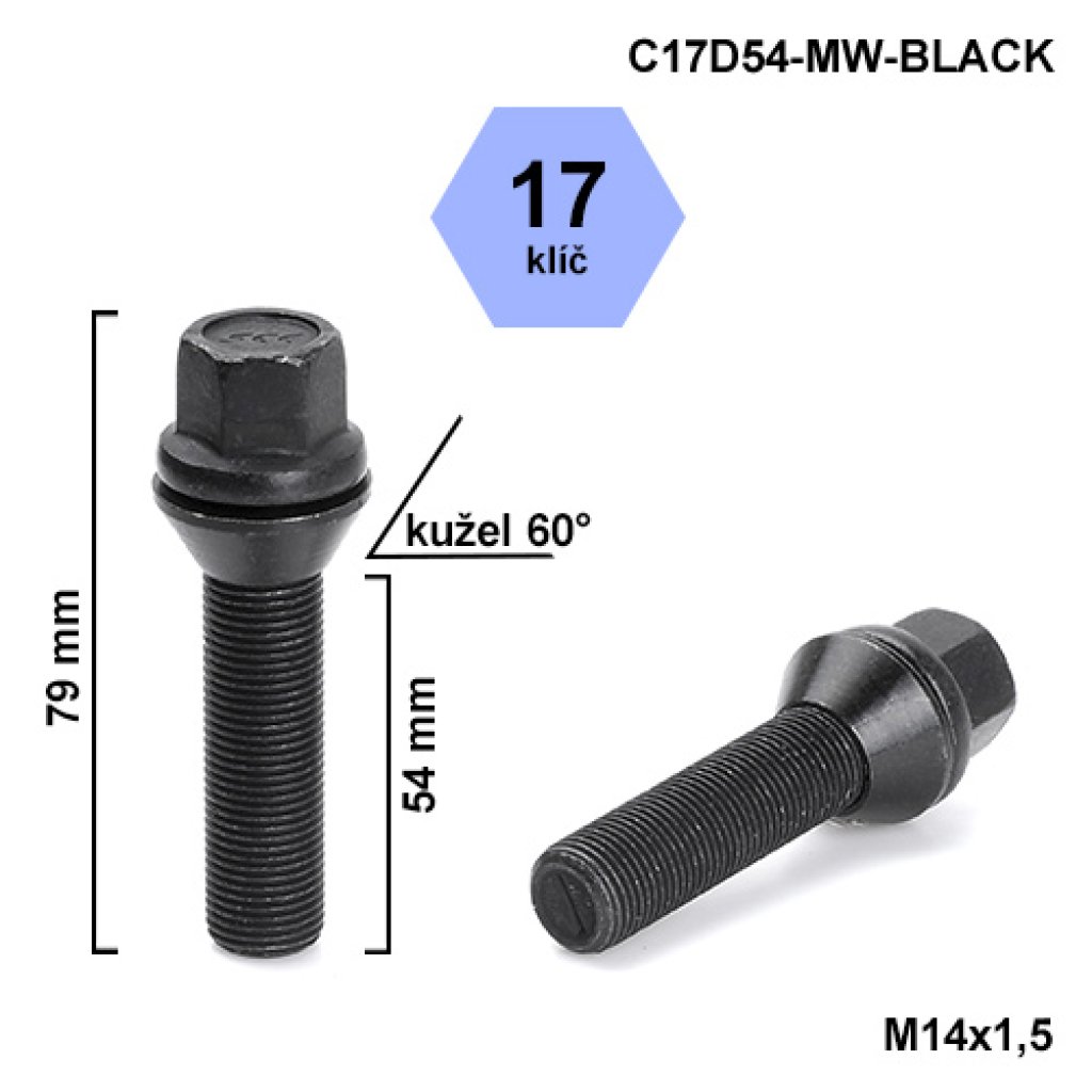 Kolový šroub M14x1,5x54 kužel pohyblivý černý, klíč 17 (C17D54-MW-BLACK) výška 79mm