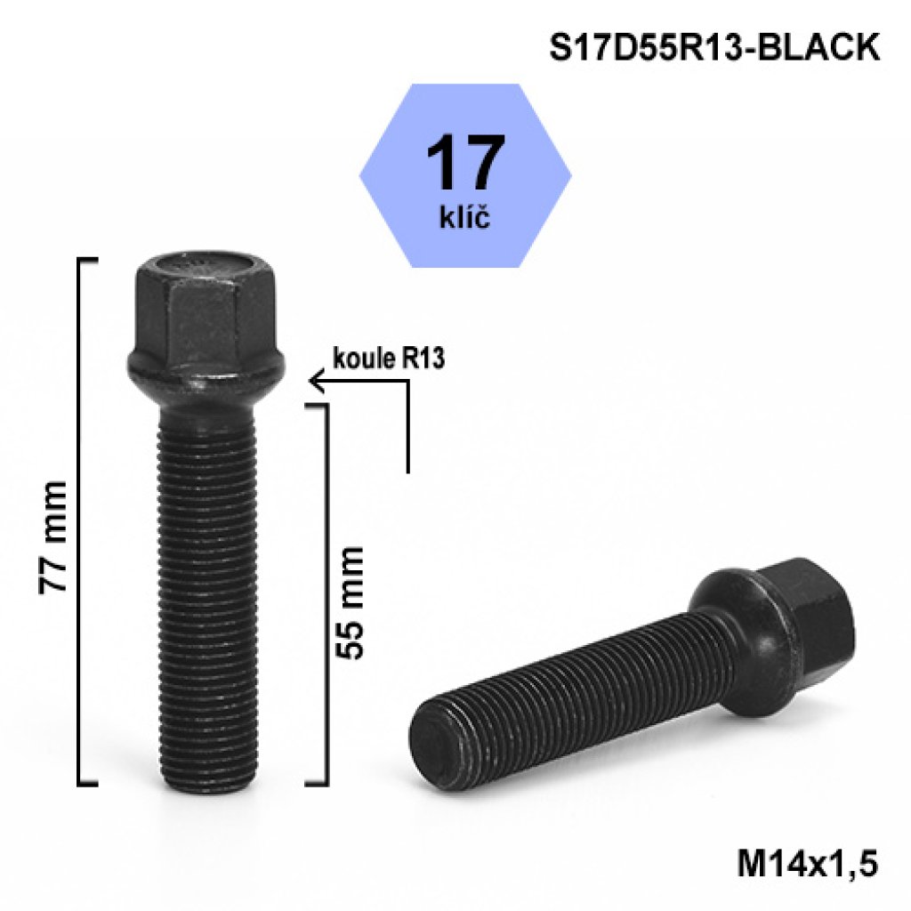 Kolový šroub M14x1,5x55 kulová R13, klíč 17 (S17D55R13-BLACK) černý, výška 77mm