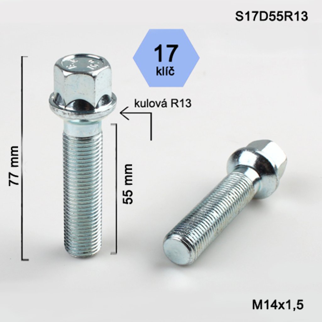 Kolový šroub M14x1,5x55 kulová R13, klíč 17 (S17D55R13) výška 77mm