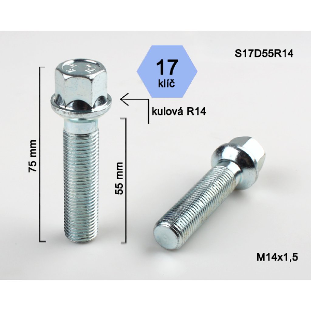 Kolový šroub M14x1,5x55 kulová R14, klíč 17 (S17D55R14) výška 75mm