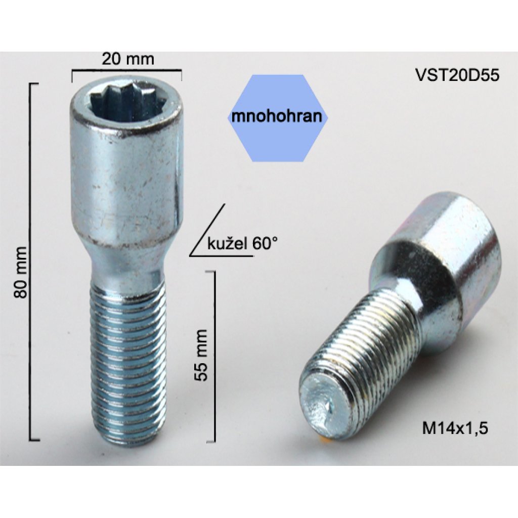 Kolový šroub M14x1,5x55 kužel s vnitřním mnohohranem (VST20D55) prům.hlavy 20mm, výška 80