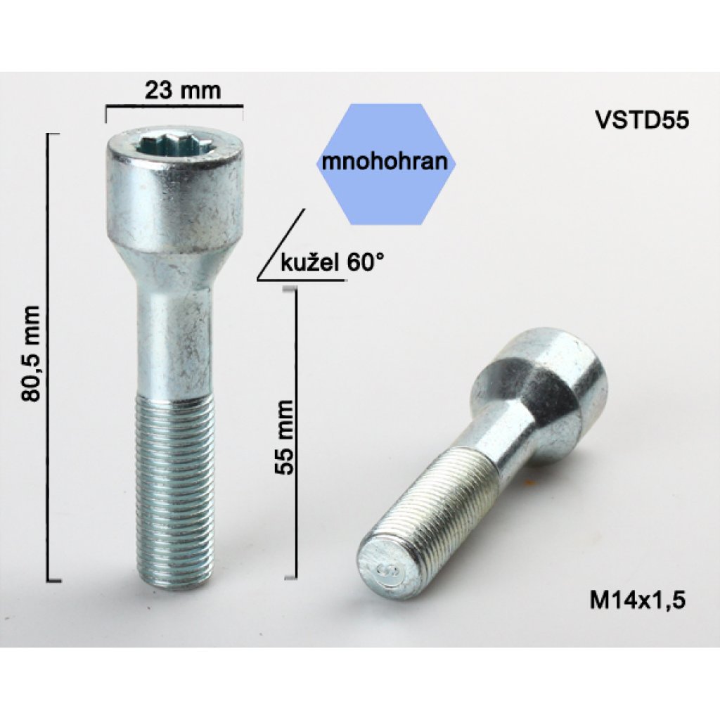 Kolový šroub M14x1,5x55 kužel s vnitřním mnohohranem (VSTD55) průměr 23mm, výška 80,5mm