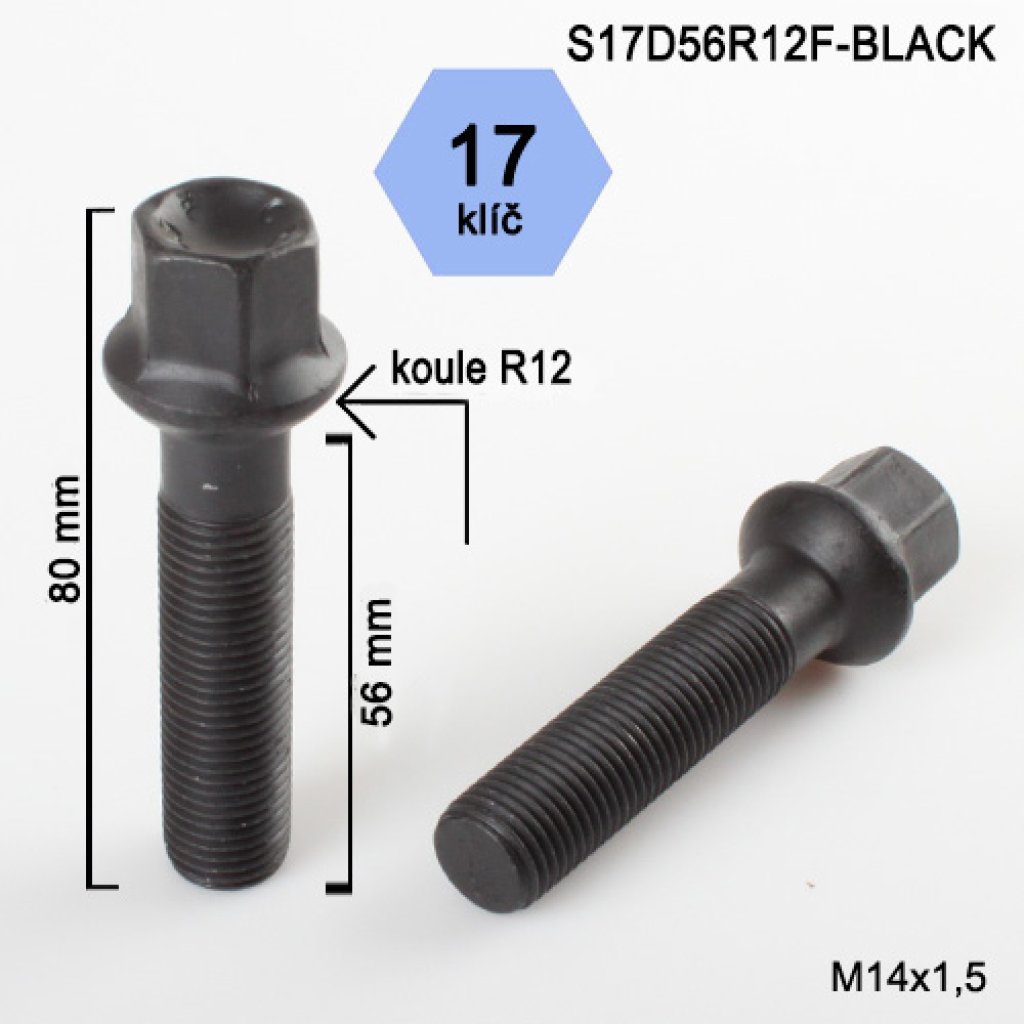 Kolový šroub M14x1,5x56 kkulová R12, klíč 17 (S17D56R12F-BLACK) výška 80mm