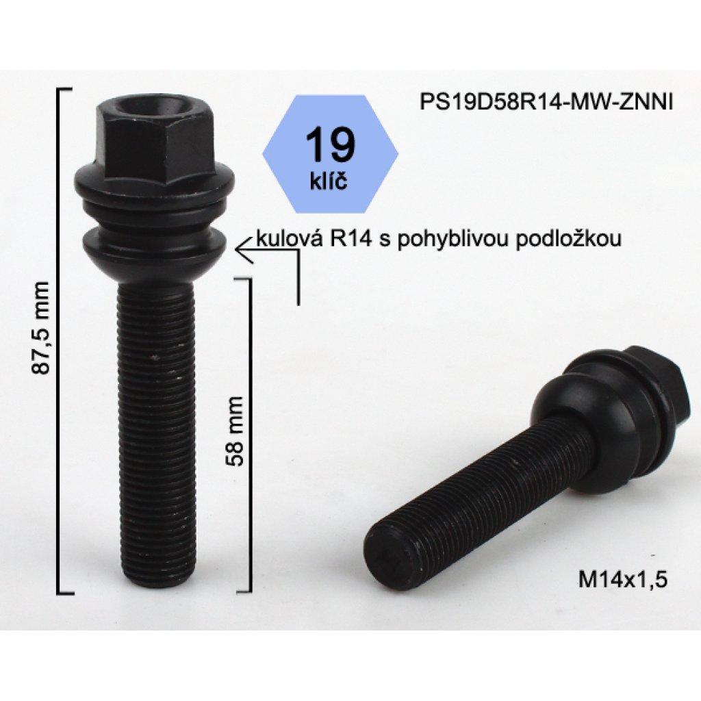 Kolový šroub M14x1,5x58 kulová R14 pohyblivá,klíč 19(PS19D58R14-MW-BLACK) černý,výška 87,5