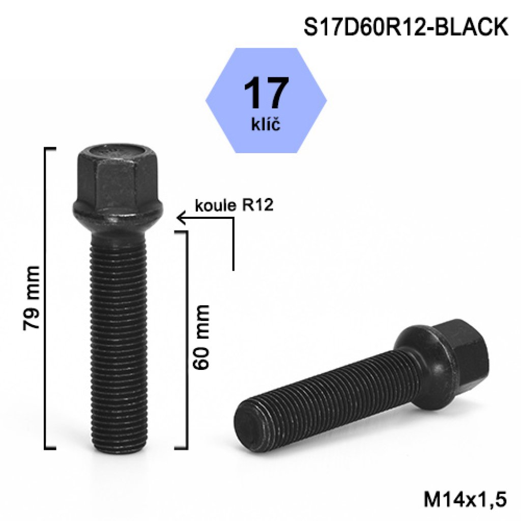 Kolový šroub M14x1,5x60 kulová R12, klíč 17 (S17D60R12-BLACK) černý, výška 79mm