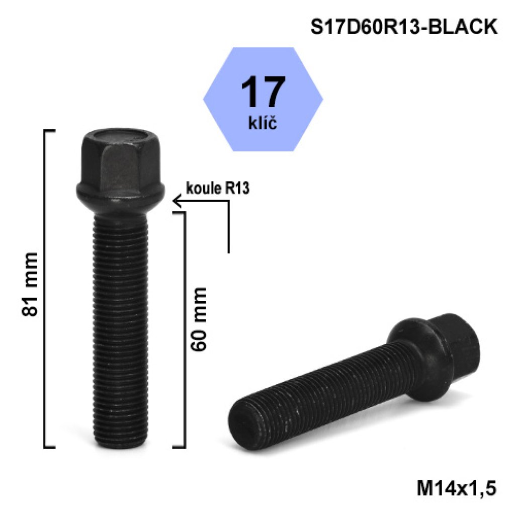 Kolový šroub M14x1,5x60 kulová R13, klíč 17 (S17D60R13-BLACK) černý, výška 81mm
