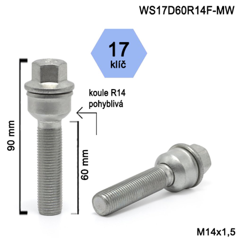 Kolový šroub M14x1,5x60 kulová R14 pohyblivá, klíč 17 (WS17D60R14F-MW) výška 90mm