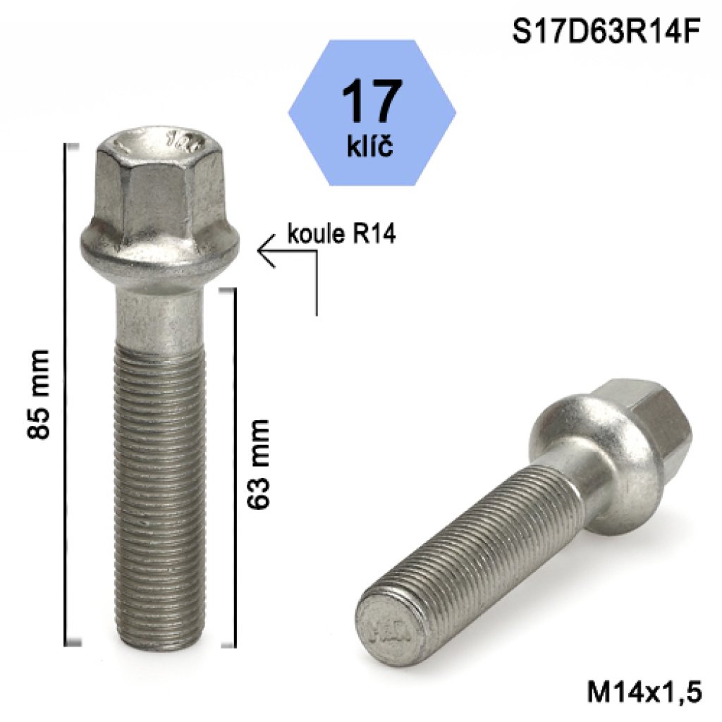 Kolový šroub M14x1,5x63 kulová R14, klíč 17 (S17D63R14F) výška 85mm