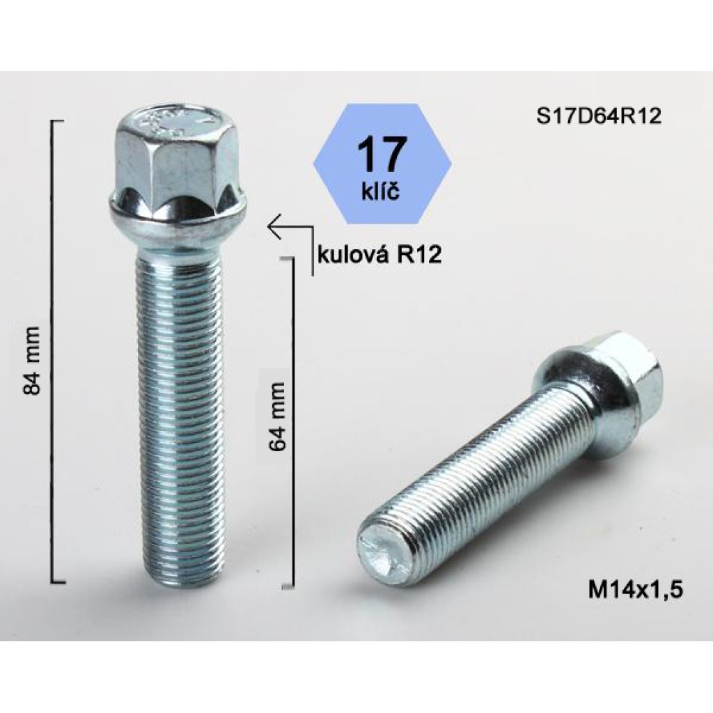 Kolový šroub M14x1,5x64 kulová R12, klíč 17 (S17D64R12) výška 84mm