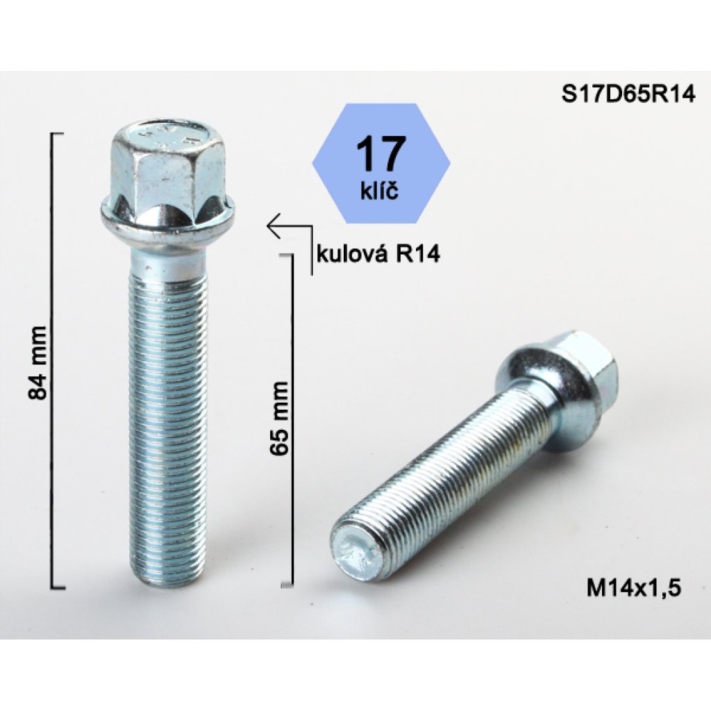 Kolový šroub M14x1,5x65 kulová R14, klíč 17 (S17D65R14) výška 84mm