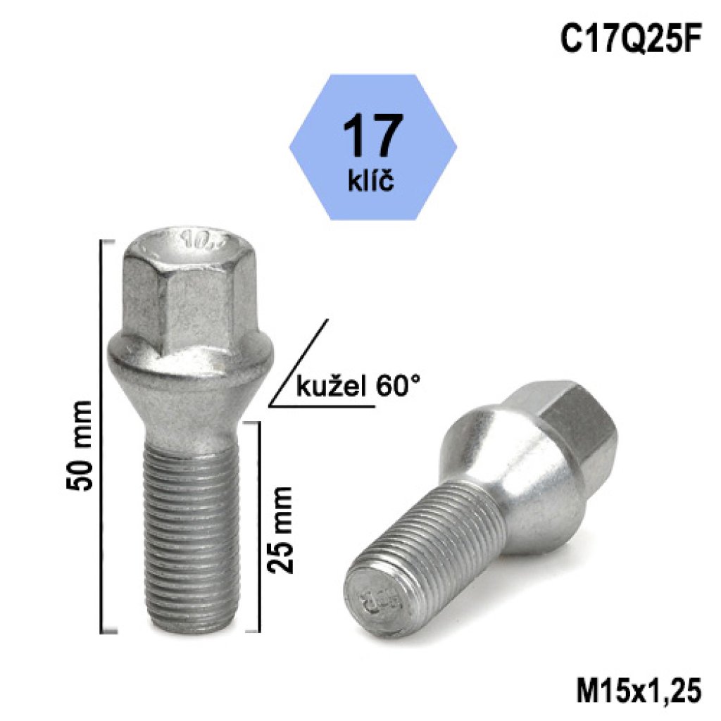 Kolový šroub M15x1,25x25 kužel, klíč 17 (C17Q25F)(PMM3C/S) výška 50mm