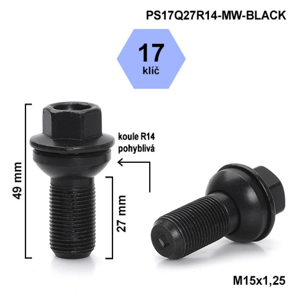 Kolový šroub M15x1,25x27 kulová R14, klíč 17 (PS17Q27R14-MW-BLACK) černý, výška 49mm