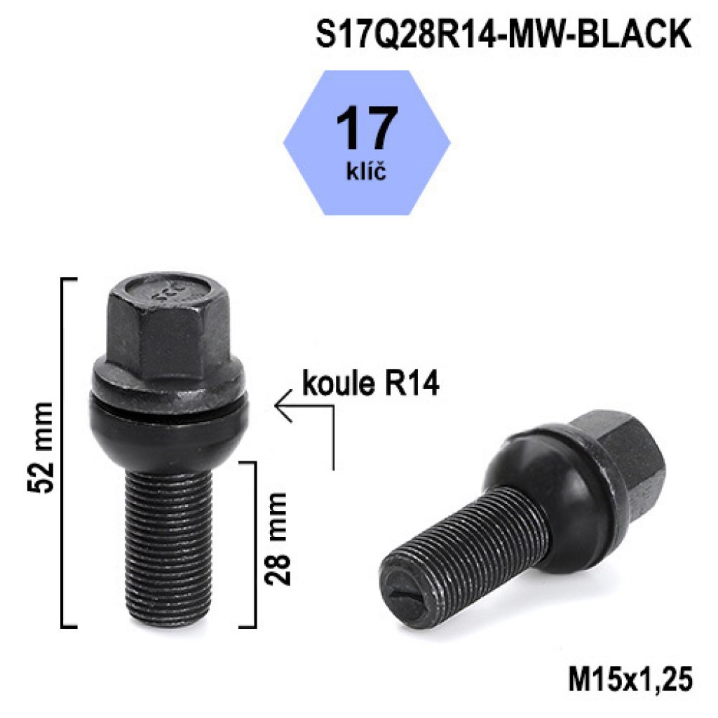 Kolový šroub M15x1,25x28 kulová R14 pohyblivá, klíč 17 (S17Q28R14-MW-BLACK) výška 52mm