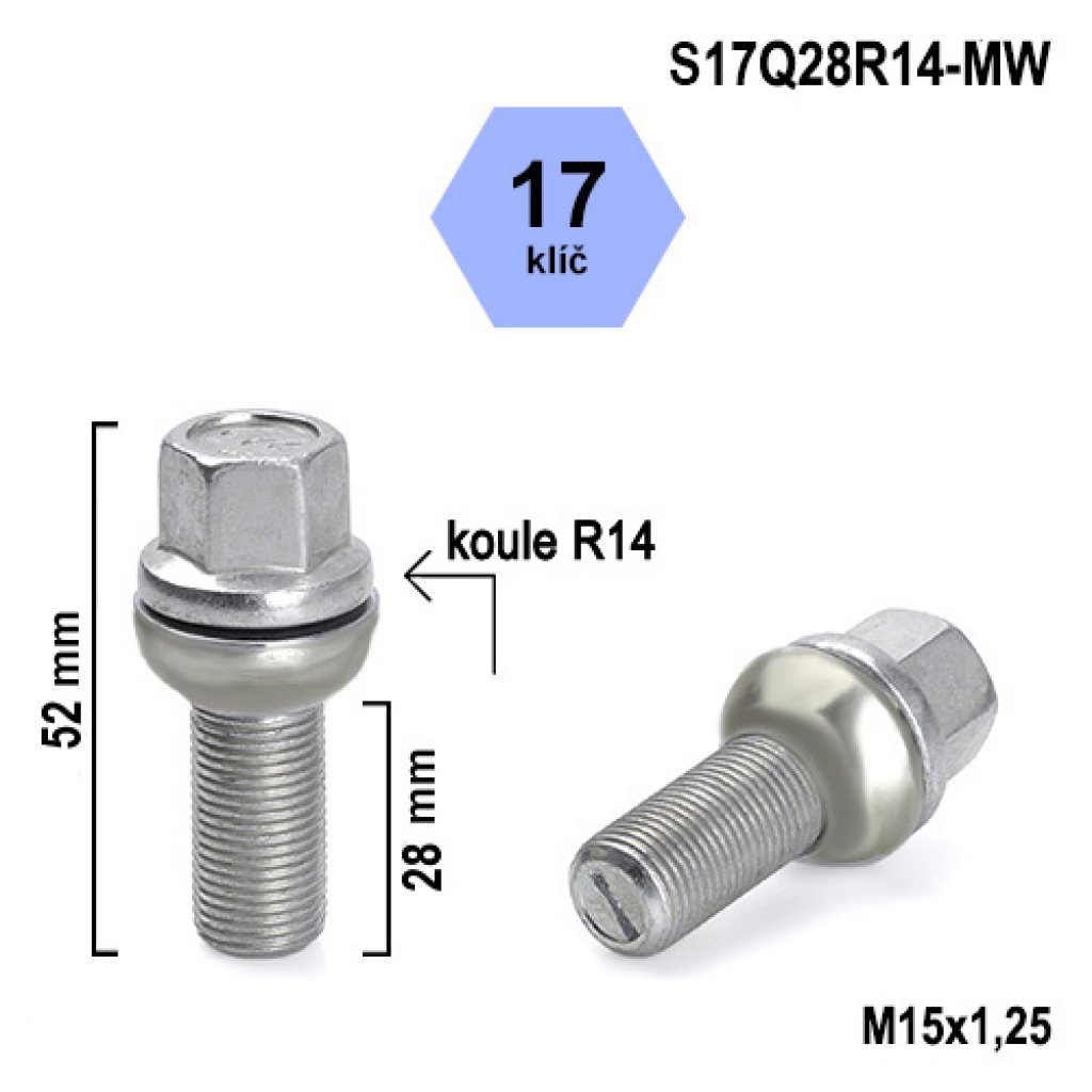 Kolový šroub M15x1,25x28 kulová R14 pohyblivá, klíč 17 (S17Q28R14-MW) výška 52mm