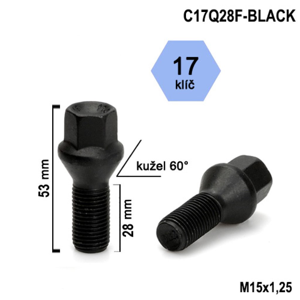 Kolový šroub M15x1,25x28 kužel, klíč 17 (C17Q28F-BLACK) černý, výška 53mm
