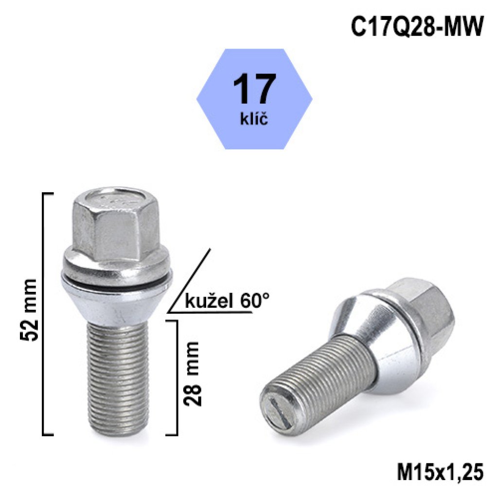 Kolový šroub M15x1,25x28 kužel pohyblivý, klíč 17 (C17Q28-MW) výška 52mm