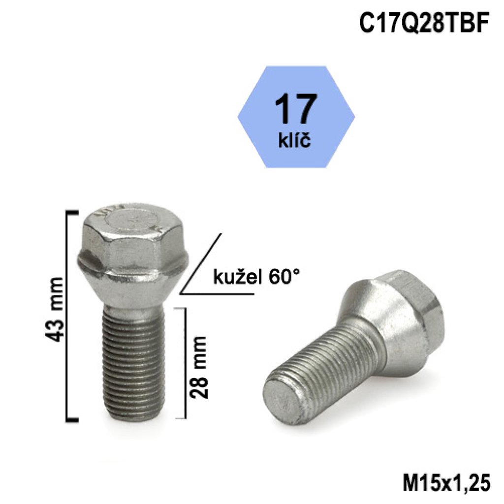 Kolový šroub M15x1,25x28 kužel s krátkou hlavou, klíč 17 (C17Q28TBF) výška 43mm