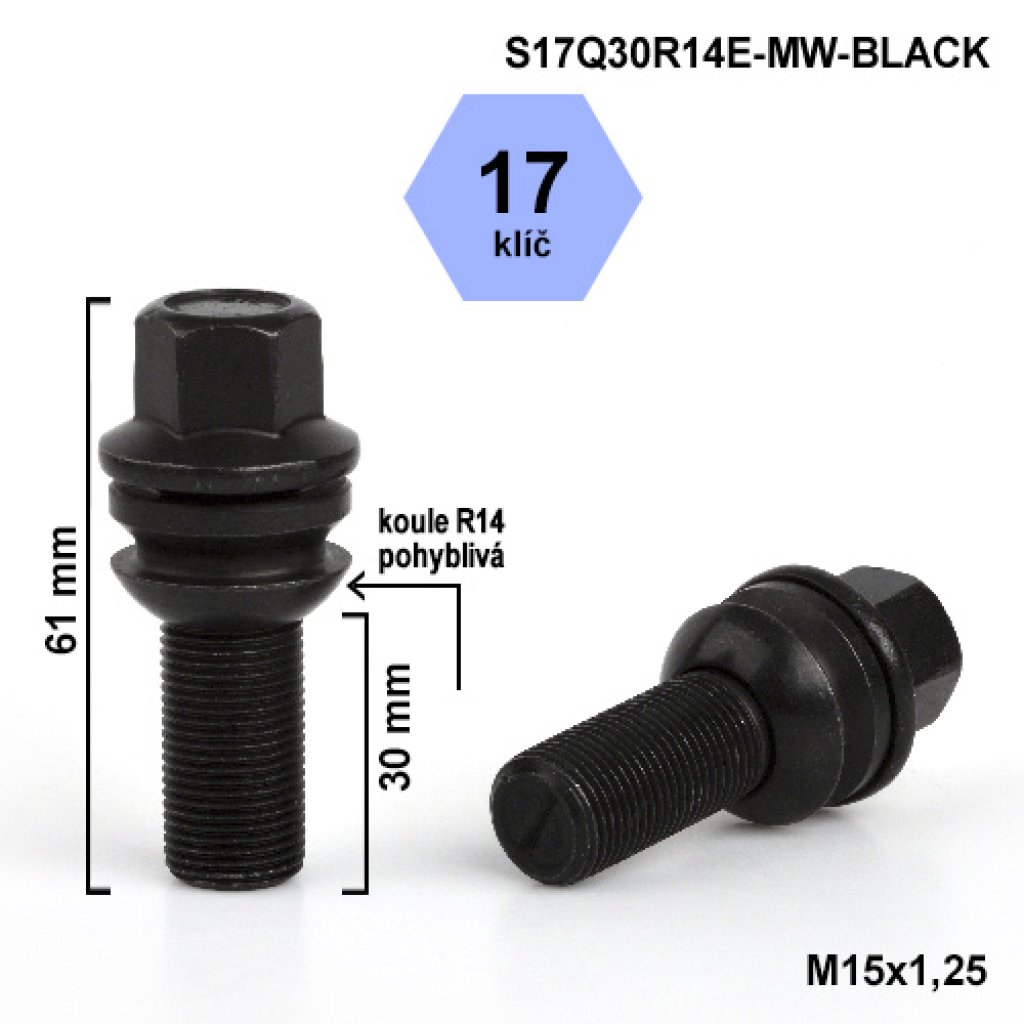 Kolový šroub M15x1,25x30 kulová R14 pohyblivá, klíč 17 (S17Q30R14E-MW-BLACK) výška 61mm