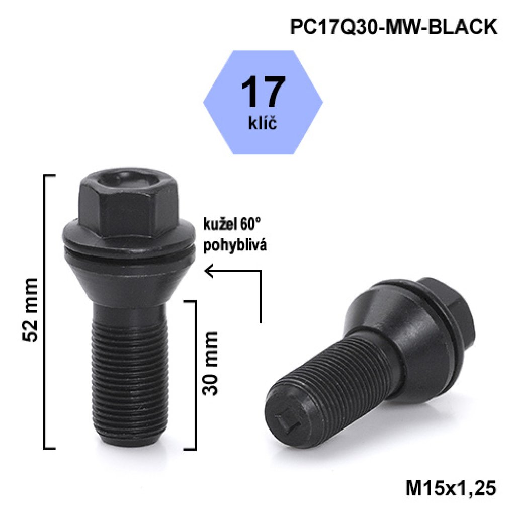 Kolový šroub M15x1,25x30 kužel, klíč 17 (PC17Q30-MW-BLACK) černý, výška 52mm