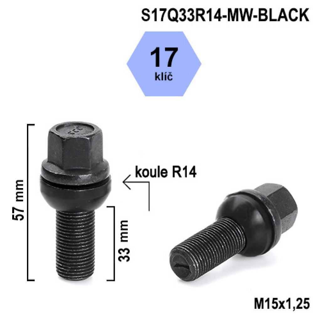Kolový šroub M15x1,25x33 kulová R14 pohyblivá, klíč 17 (S17Q33R14-MW-BLACK) výška 57mm