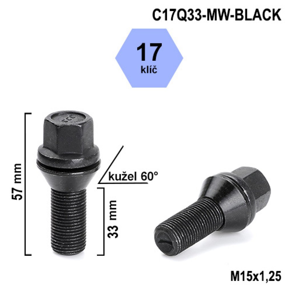 Kolový šroub M15x1,25x33 kužel pohyblivý, černý, klíč 17 (C17Q33-MW-BLACK) výška 57mm