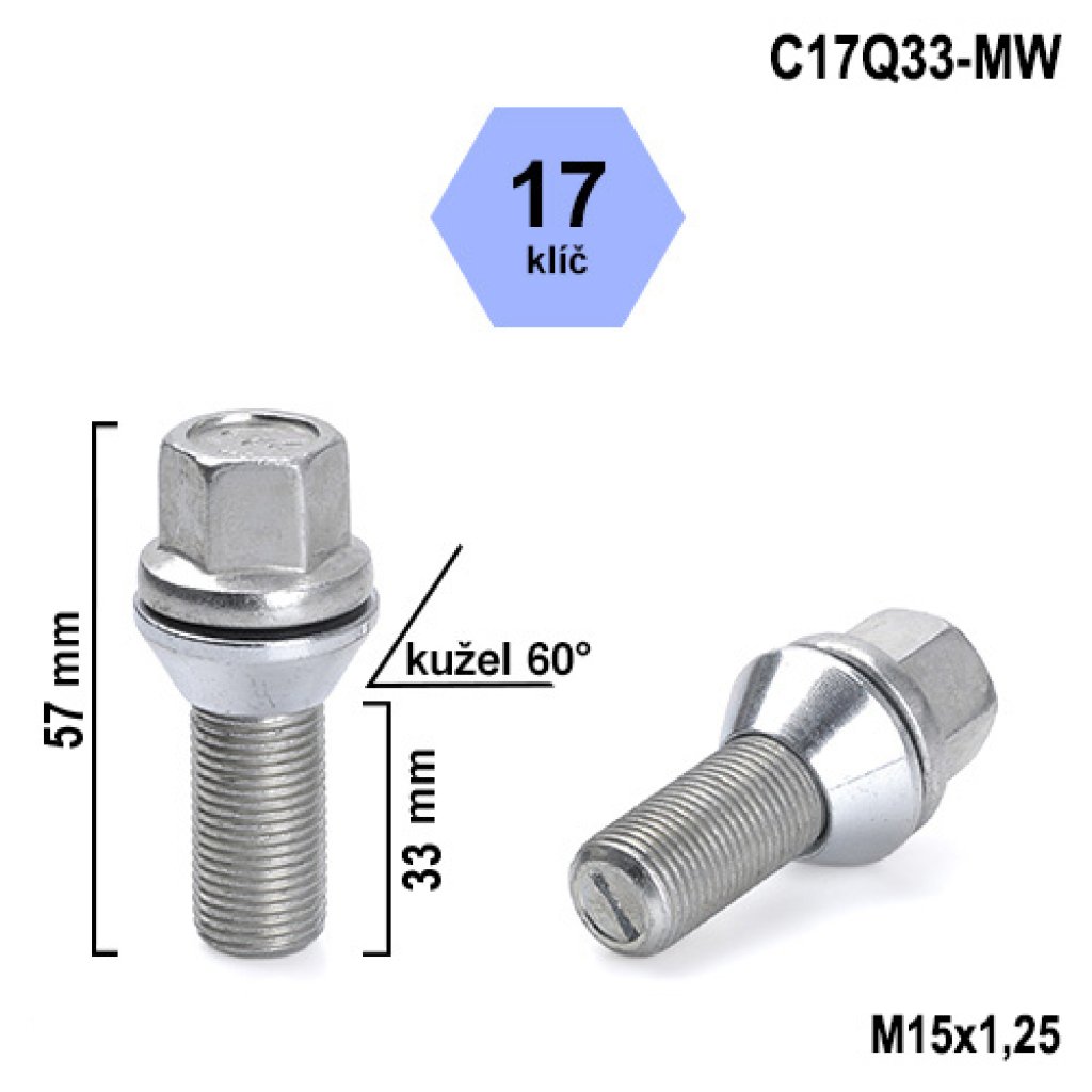 Kolový šroub M15x1,25x33 kužel pohyblivý, klíč 17 (C17Q33-MW) výška 57mm