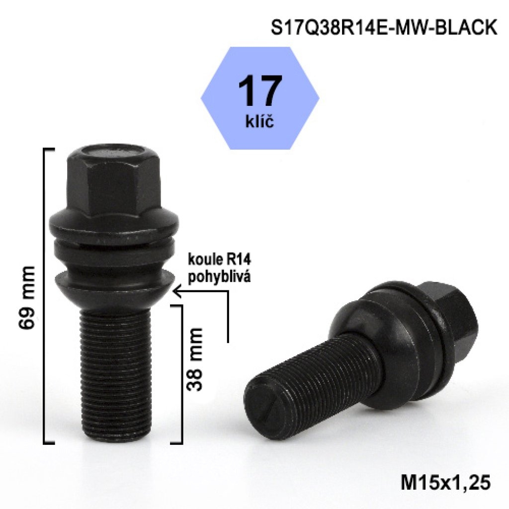 Kolový šroub M15x1,25x38 kulová R14 pohyblivá, klíč 17 (S17Q38R14E-MW-BLACK) výška 69mm