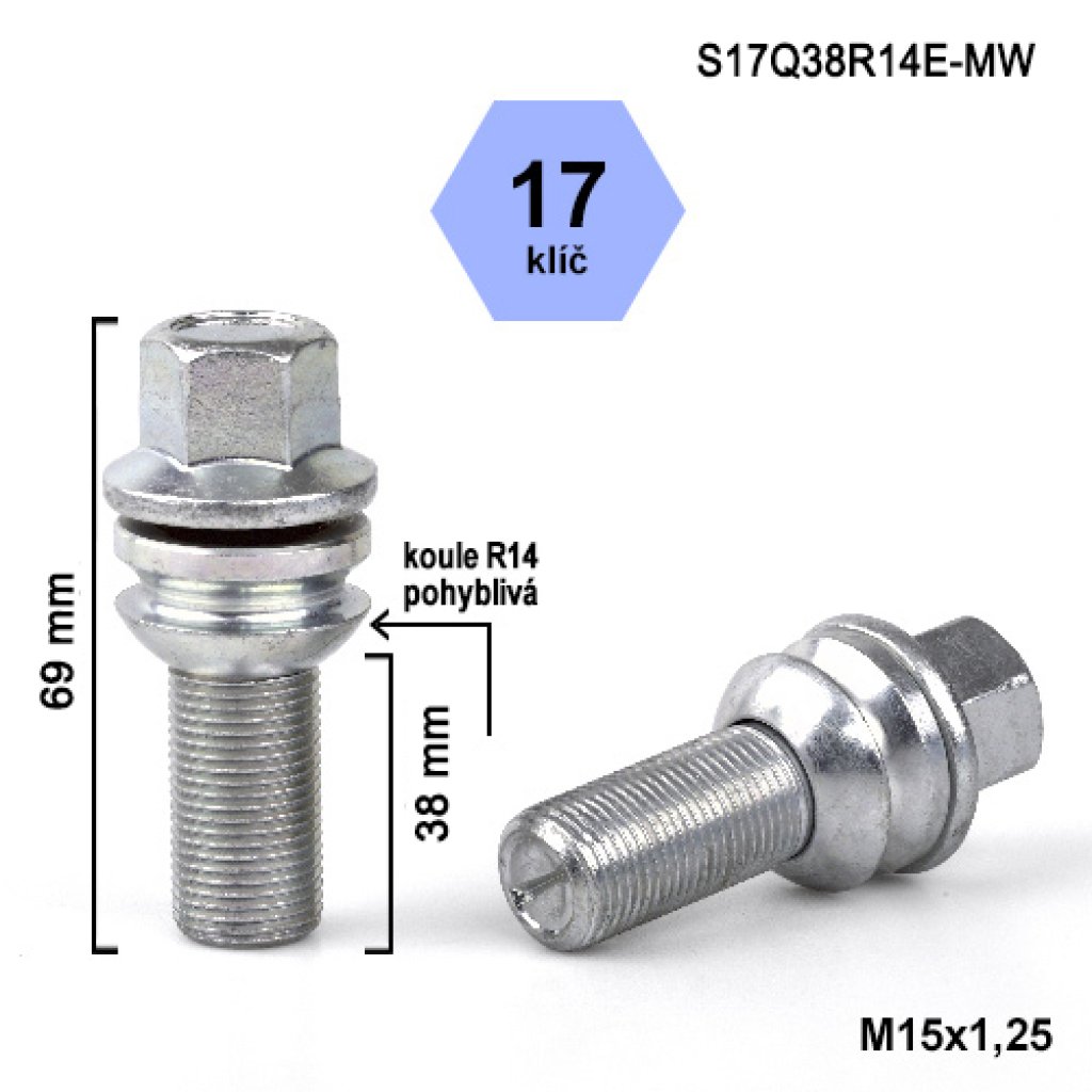 Kolový šroub M15x1,25x38 kulová R14 pohyblivá, klíč 17 (S17Q38R14E-MW) výška 69mm