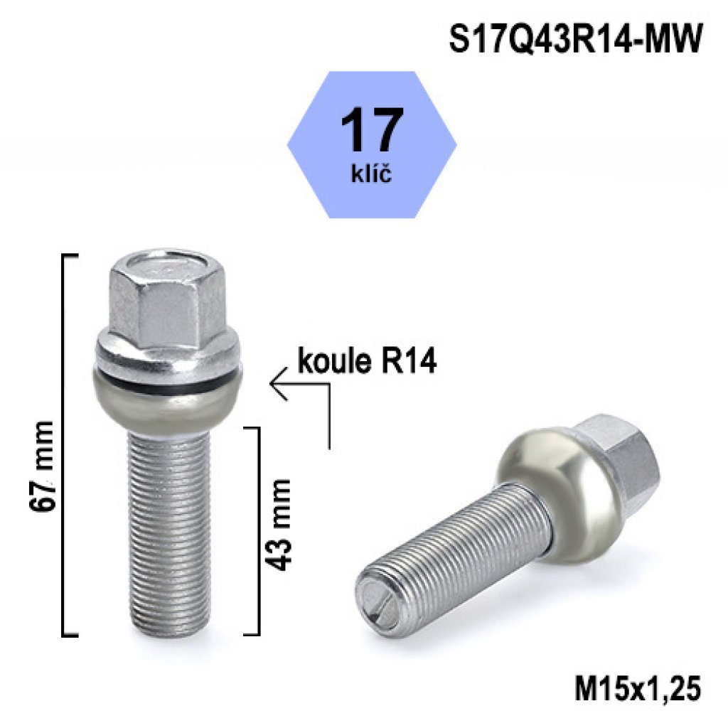 Kolový šroub M15x1,25x43 kulová R14 pohyblivá, klíč 17 (S17Q43R14-MW) výška 67mm