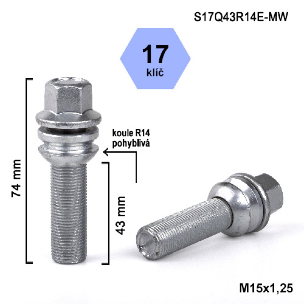 Kolový šroub M15x1,25x43 kulová R14 pohyblivá, klíč 17 (S17Q43R14E-MW) výška 74mm