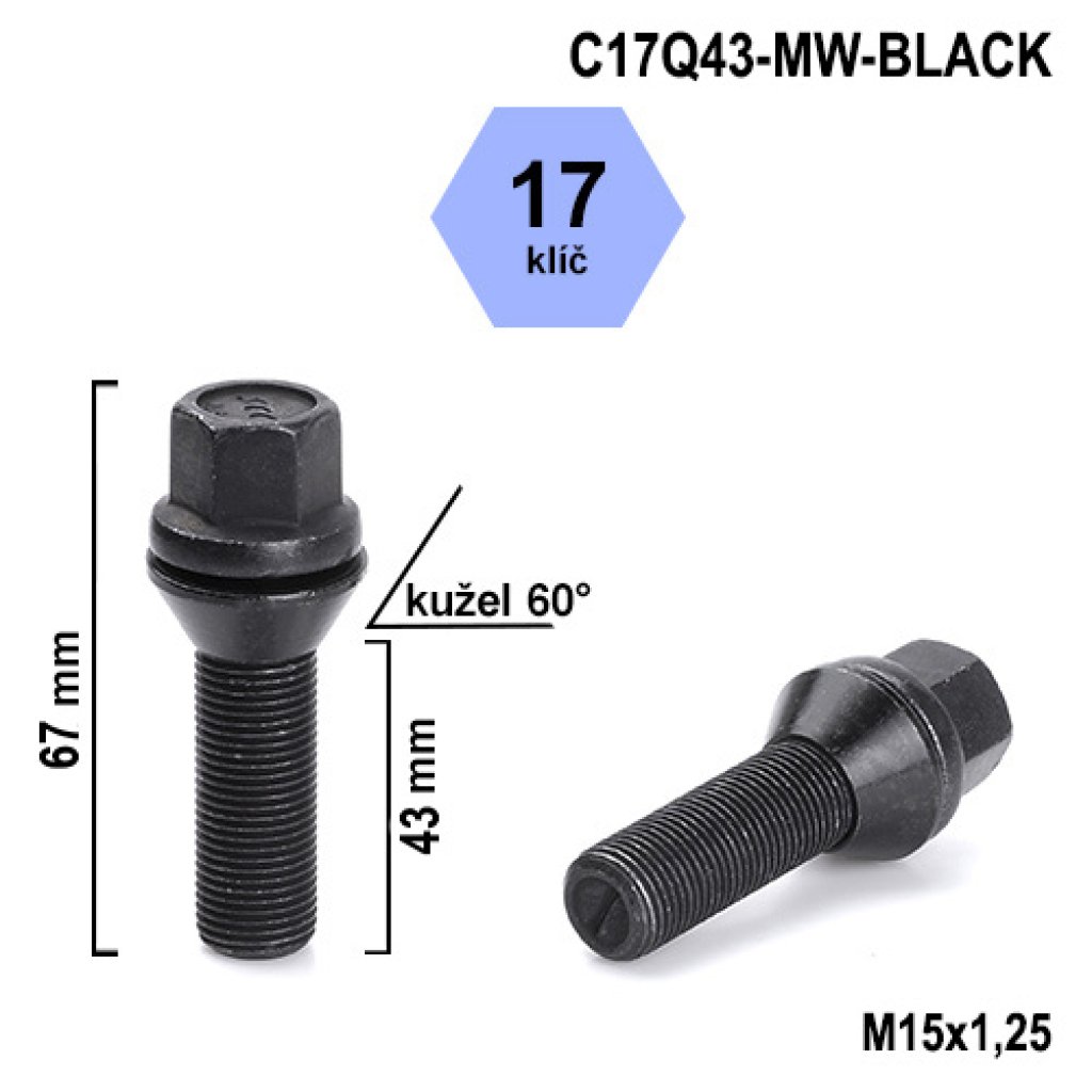 Kolový šroub M15x1,25x43 kužel pohyblivý, černý, klíč 17 (C17Q43-MW-BLACK) výška 67mm