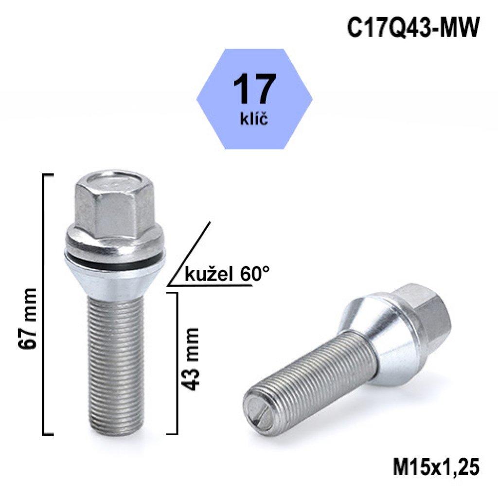 Kolový šroub M15x1,25x43 kužel pohyblivý, klíč 17 (C17Q43-MW) výška 67mm