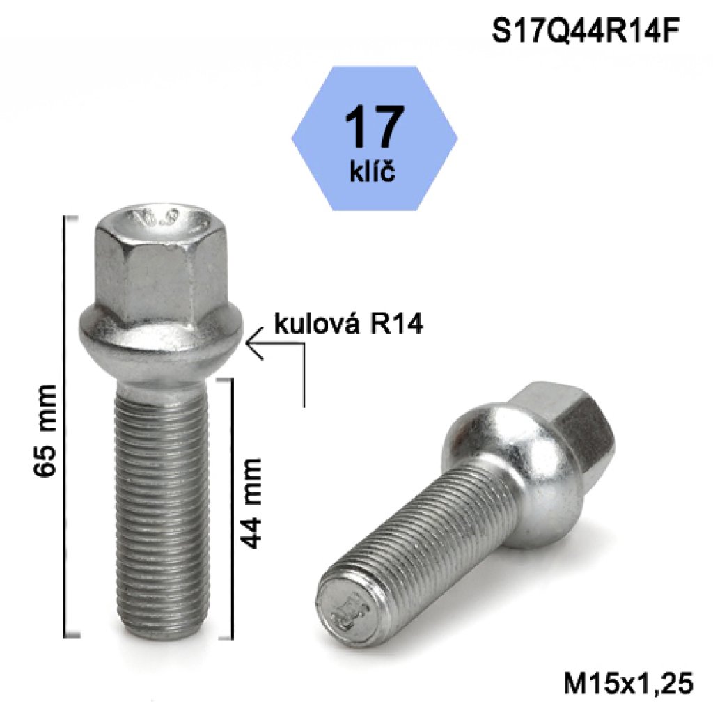 Kolový šroub M15x1,25x44 kulová R14, klíč 17 (S17Q44R14F) výška 65mm