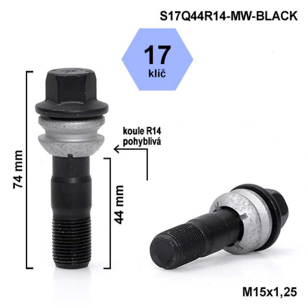Kolový šroub M15x1,25x44 kulová R14 pohyblivá, klíč 17 (S17Q44R14F-MW-BLACK) výška 74mm